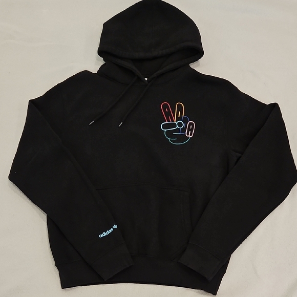 EUC Adidas Black Hoodie with Peace Graphic - Sz S - Picture 1 of 7